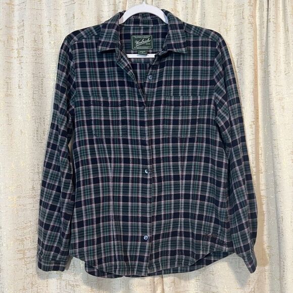 Woolrich Long Sleeve Cotton Button Down‎ Flannel Shirt Navy Plaid Women's Medium - Picture 1 of 5